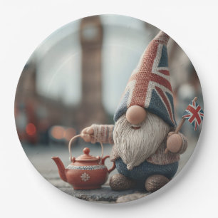 Britse gnoom met Union Jack Pet en theepot Papieren Bordje
