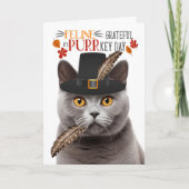 Britse Grijze Kat Feline Dankbaar voor PURRkey Day Feestdagen Kaart (Voorkant)