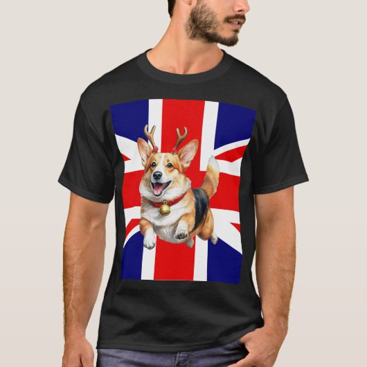 Britse kerstcorgi met rendiergewei t-shirt (Voorkant)