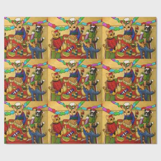 Britse kerstdiner-katten cadeaupapier (Vlak)