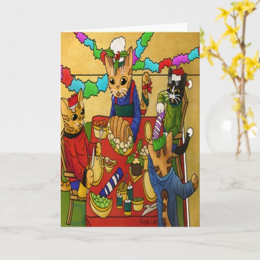 Britse kerstdiner-katten kaart (Gele Bloem)