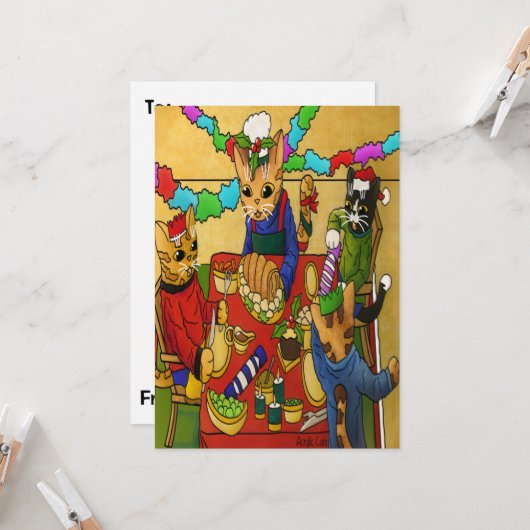 Britse kerstdiner-katten kaart (Voorkant / Achterkant in situ)