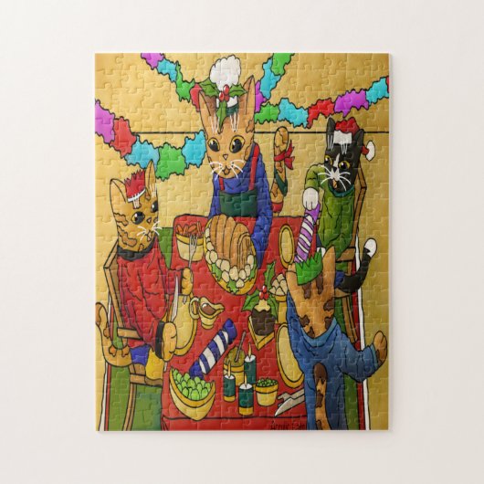 Britse kerstdiner-katten legpuzzel (Verticaal)