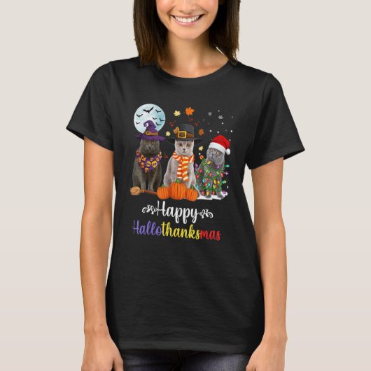 Britse Korthaar Kat Halloween Vrolijk Kerstfeest 1 T-shirt (Voorkant)
