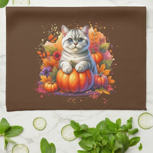 Britse Korthaar kat met pompoen Theedoek (Gevouwen)