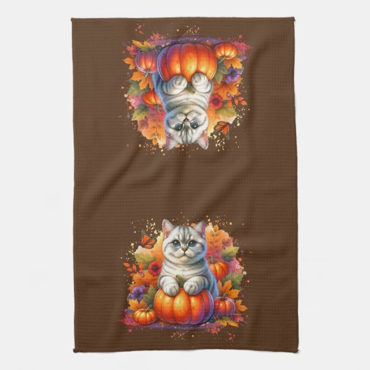 Britse Korthaar kat met pompoen Theedoek (Verticaal)