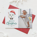 Britse Korthaar Kat Santa Green Foto Kerstmis Feestdagenkaart<br><div class="desc">Vrolijk kerstfeest! Verstuur kerstwensen naar familie en vrienden met een kattethemateuze kerstkaart. Het bevat een waterverf illustratie van een schattige witte Britse stengel met een kersthoed en een tartan boeg stropdas. Personaliseer door een foto, een naam en andere details toe te voegen. Deze kat-kerstfotokaart is perfect voor kattenliefhebbers en huiseigenaars....</div>