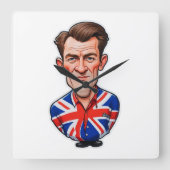 Britse Man karikatuur met Union Jack Flag Vierkante Klok (Voorkant)