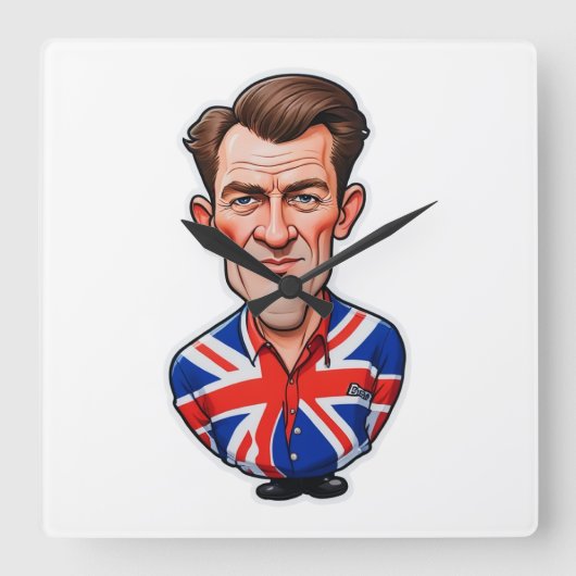 Britse Man karikatuur met Union Jack Flag Vierkante Klok (Voorkant)