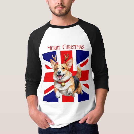 Britse Merry Christmas Corgi met rendiergewei T-shirt (Voorkant)
