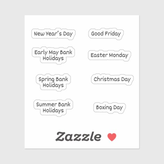 Britse openbare Feestdagen Stickers voor Kalenders (Vel)
