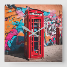 Britse rode telefooncel vierkante klok