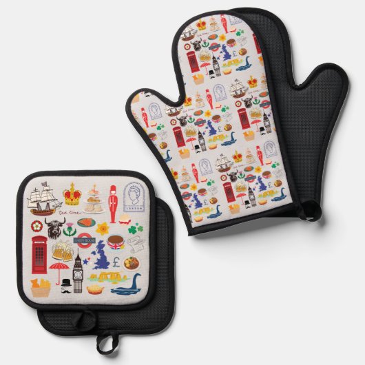 Britse symbolen ovenwant & pannenlap set (Voorkant / Achterkant)