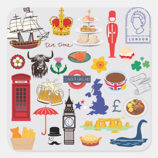 Britse symbolen uit het VK Vierkante Sticker (Voorkant)