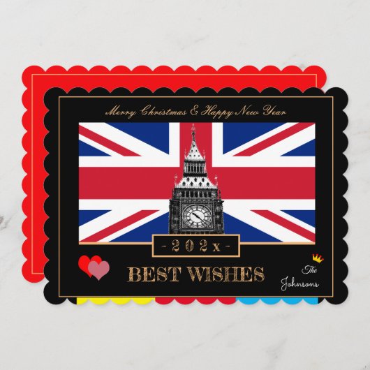 Britse vlag en Big Ben 2026 Gelukkig Nieuwjaar Feestdagenkaart (Voorkant / Achterkant)