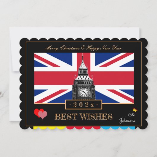 Britse vlag en Big Ben 2026 Gelukkig Nieuwjaar Feestdagenkaart (Voorkant)