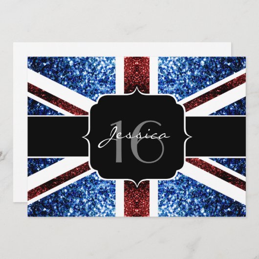 Britse vlag rode blauwe sparkles glitter Sweet 16  Kaart (Voorkant / Achterkant)