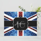 Britse vlag rode blauwe sparkles glitter Sweet 16  Kaart (Staand voorkant)