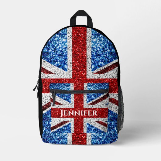 Britse vlag rood wit blauw sparkles Eigen naam tek Bedrukte Rugzak (Voorkant)