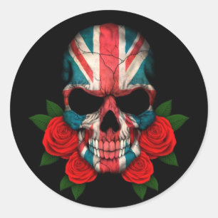 Britse vlag schedel met rode rozen ronde sticker