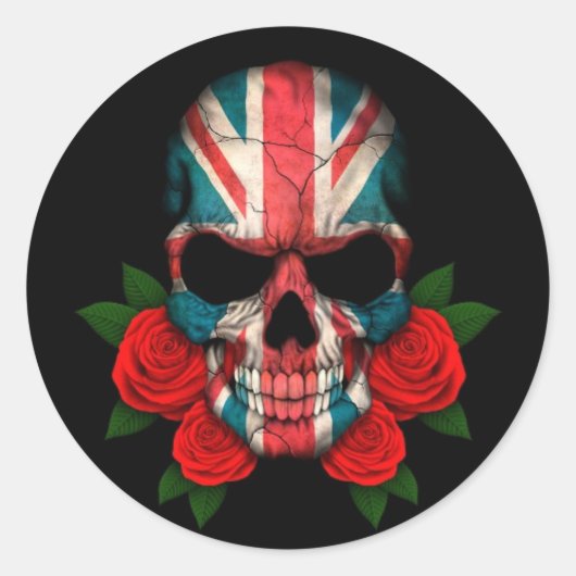 Britse vlag schedel met rode rozen ronde sticker (Voorkant)