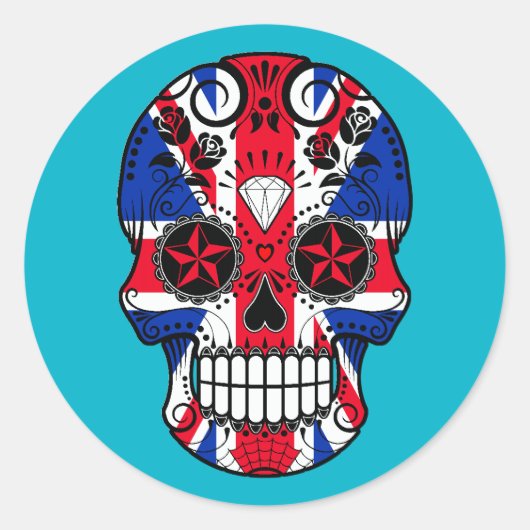  Britse vlag Sugar Skull met Rozen Ronde Sticker (Voorkant)