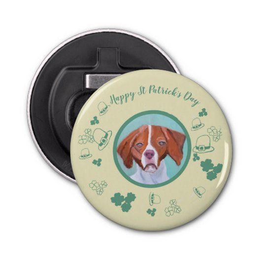 Brittany Dog Happy St Patrick's Day Button Flesopener (Voorkant)