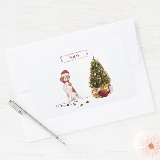 Brittany Funny kersthond en boom Rechthoekige Sticker (Envelop)