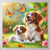 Brittany hond moeder en haar puppy poster (Voorkant)