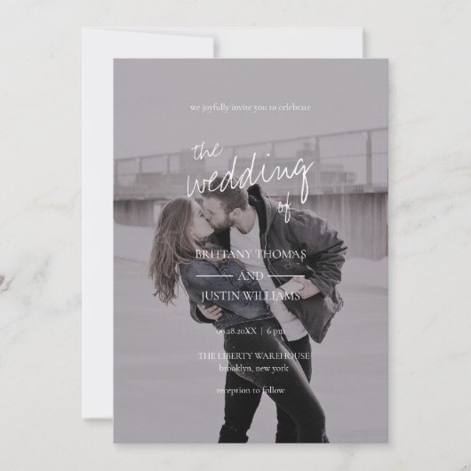 Brittany Modern Elegant White Script Photo Wedding Kaart (Voorkant)