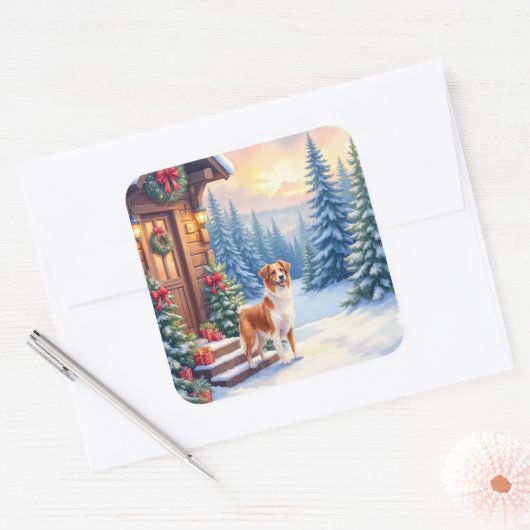 Brittany Rustic Cabin Christmas Winter Art Vierkante Sticker (Envelop)