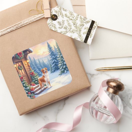 Brittany Rustieke Blokhut Kerstmis Winter Kunst Vierkante Sticker (Geschenken)