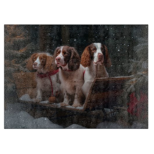 Brittany Spaniel Besneeuwde slee Kerstmis decorati Snijplank (Voorkant)