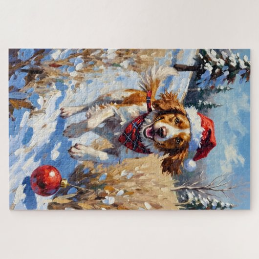 Brittany Spaniel Chasing Christmas Ornament Hat Legpuzzel (Horizontaal)