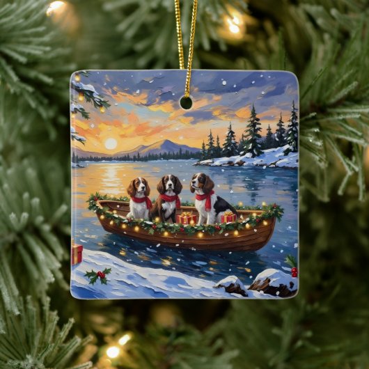 Brittany Spaniel Christmas Boat Holiday Keramisch Ornament (Boom)