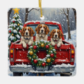 Brittany Spaniel Christmas Red Truck Holiday Keramisch Ornament (Voorkant)