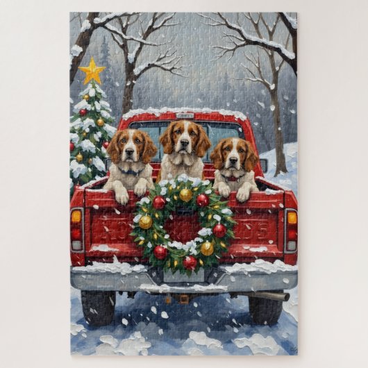 Brittany Spaniel Christmas Red Truck Holiday Legpuzzel (Verticaal)