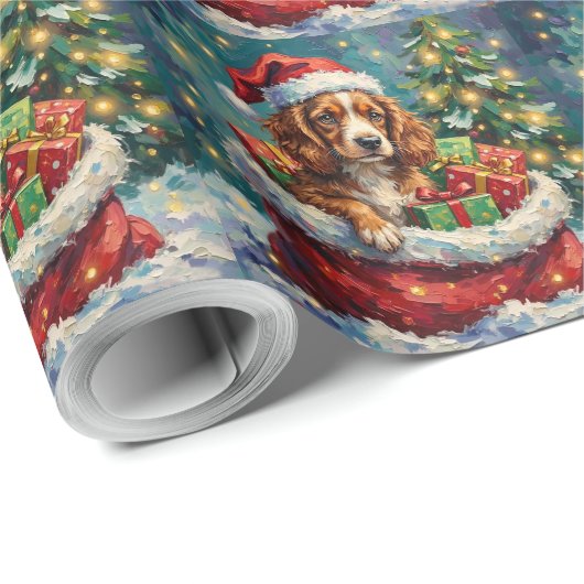 Brittany Spaniel Christmas Santa Bag Adventure Cadeaupapier (Rol Hoek)