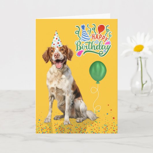 Brittany Spaniel Dog Party Hat Yellow Birthday Kaart (Kleine Plant)