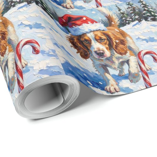 Brittany Spaniel Dog Pointing at Christmas Candy Cadeaupapier (Rol Hoek)