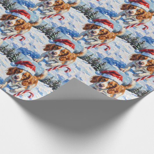 Brittany Spaniel Dog Pointing at Christmas Candy Cadeaupapier (Hoek)