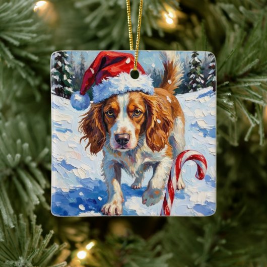 Brittany Spaniel Dog Pointing at Christmas Candy Keramisch Ornament (Boom)