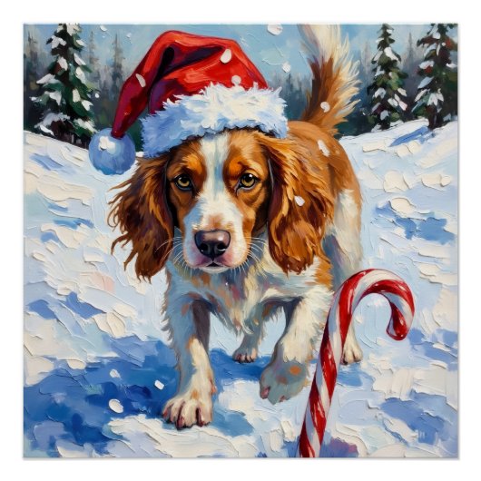 Brittany Spaniel Dog Pointing at Christmas Candy Perfect Poster (Voorkant)