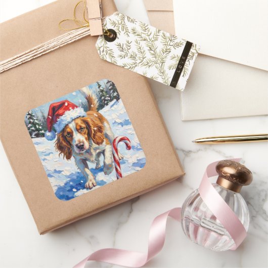 Brittany Spaniel Dog Pointing at Christmas Candy Vierkante Sticker (Geschenken)