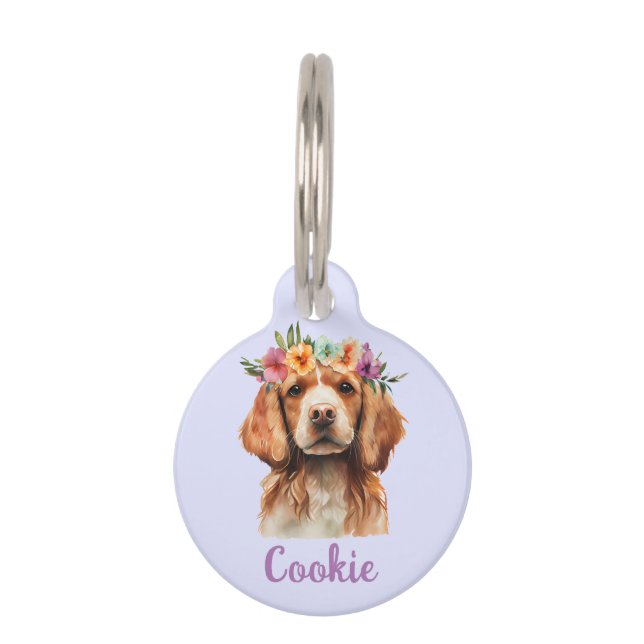 Brittany Spaniel Dog Waterverf Flower Huisdierpenning (Voorkant)