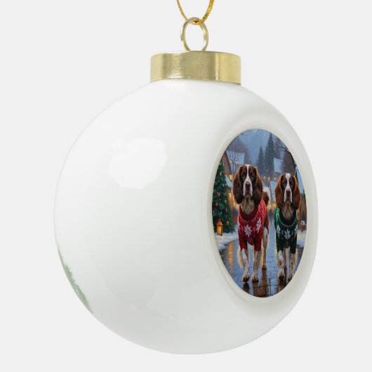 Brittany Spaniel Dogs Christmas Snow Holiday Keramische Bal Ornament (Links)