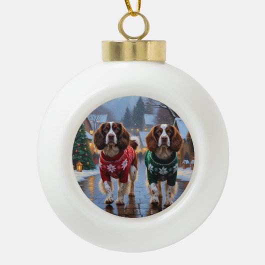 Brittany Spaniel Dogs Christmas Snow Holiday Keramische Bal Ornament (Voorkant)
