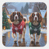 Brittany Spaniel Dogs Christmas Snow Holiday Vierkante Sticker (Voorkant)