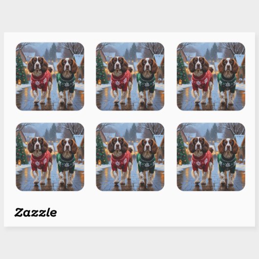 Brittany Spaniel Dogs Christmas Snow Holiday Vierkante Sticker (Vel)