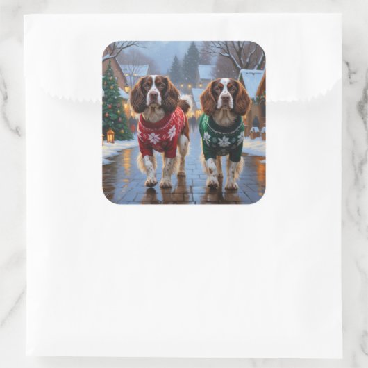 Brittany Spaniel Dogs Christmas Snow Holiday Vierkante Sticker (Tas)